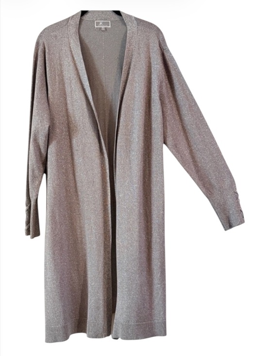 JM Collection Sweaters - JM Collection Metallic Silver Shimmer Open Front Duster Cardigan Sweater XL